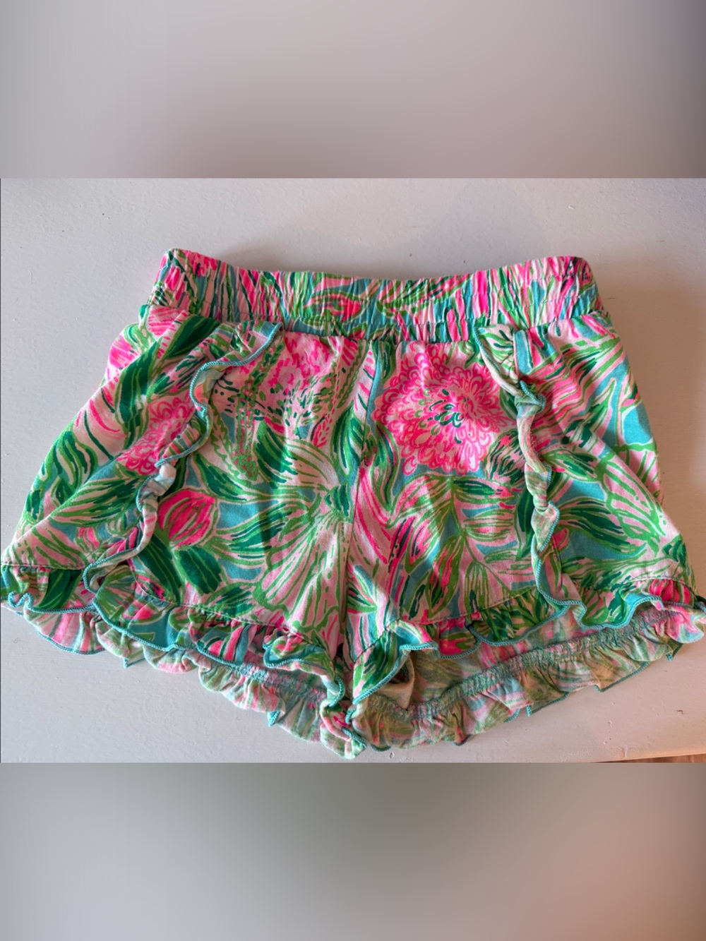 Pink & Green Tropical Ruffle Shorts